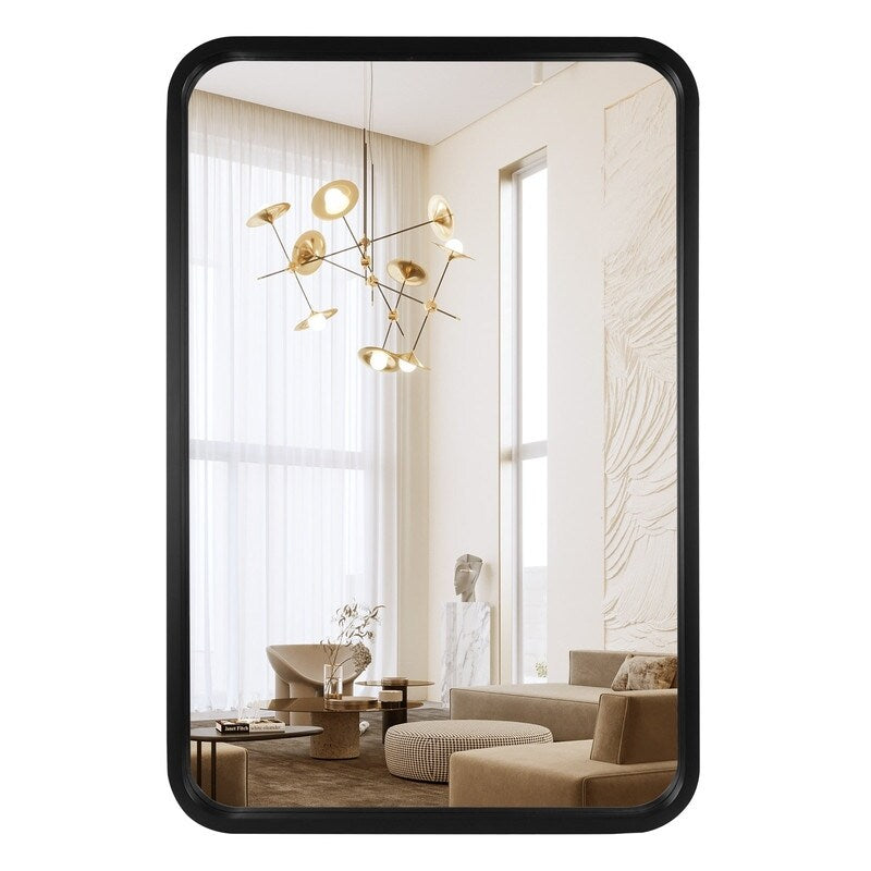 Round Corner Rectangle Farm Wall Mirror with Solid Wood Frame