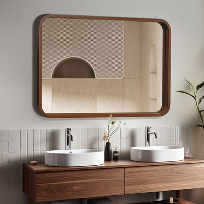 Round Corner Rectangle Farm Wall Mirror with Solid Wood Frame