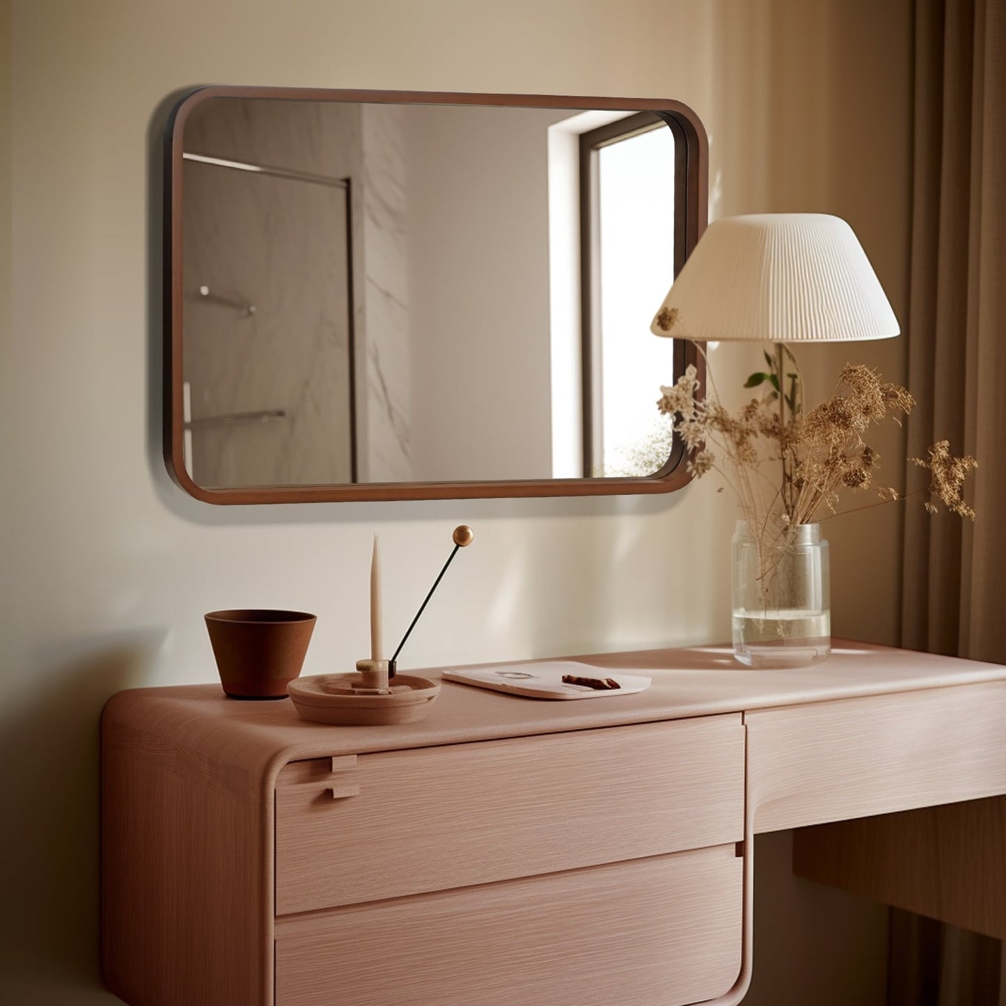 Round Corner Rectangle Farm Wall Mirror with Solid Wood Frame