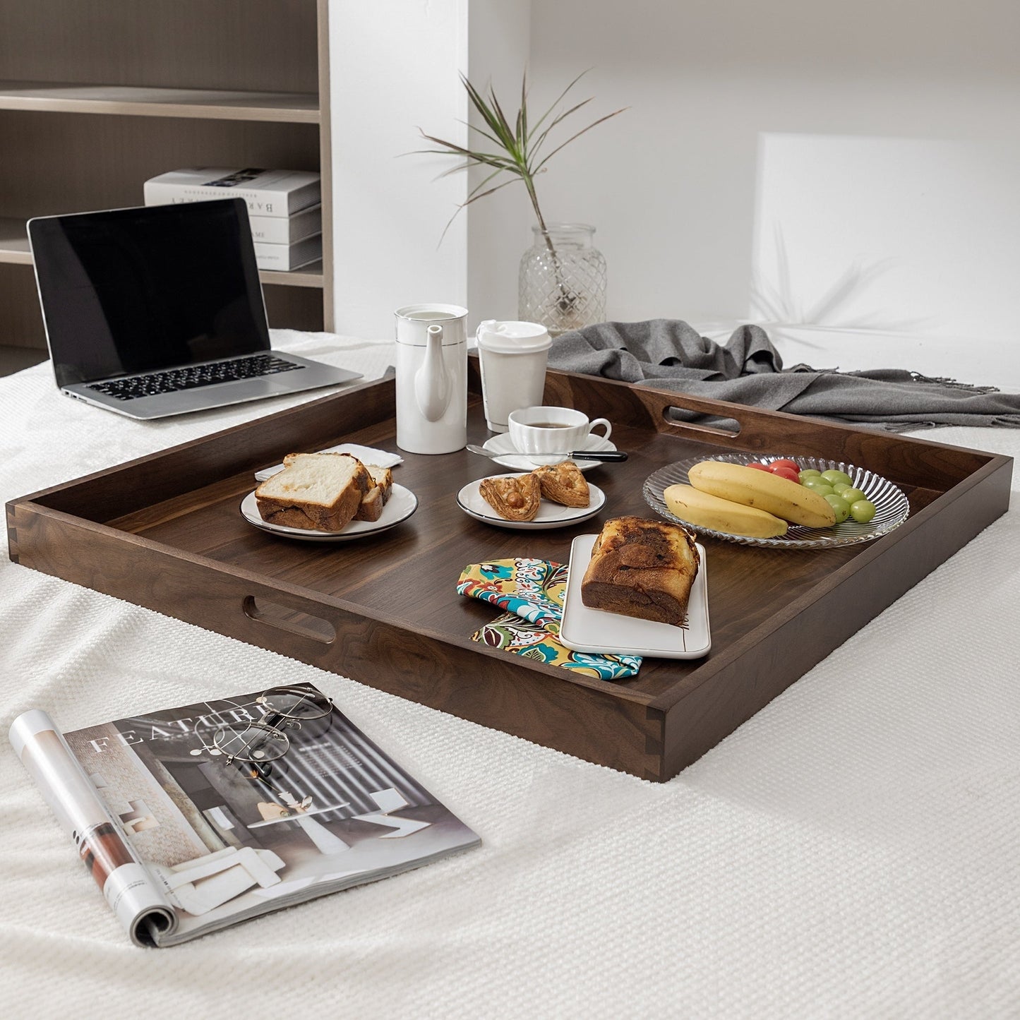 KINWELL Square Black Walnut Wood Serving Tray Ottoman Tray with Handles