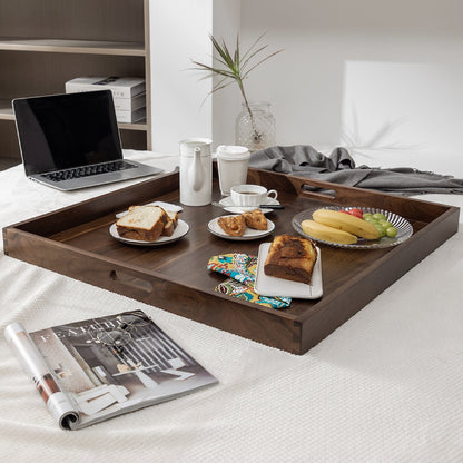 KINWELL Square Black Walnut Wood Serving Tray Ottoman Tray with Handles