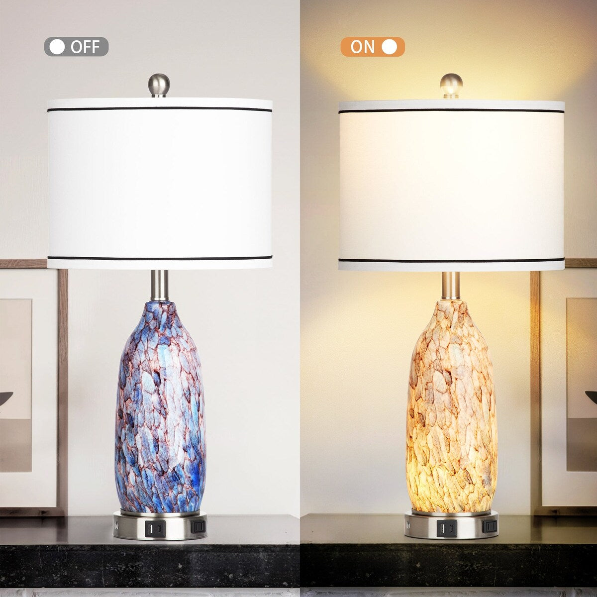Table Lamp with Nightlight 2in1 Indigo Glass Lamp Body Charging Ports AC Outlet Drum Shade Touch Dimming Switch(Set of 2)