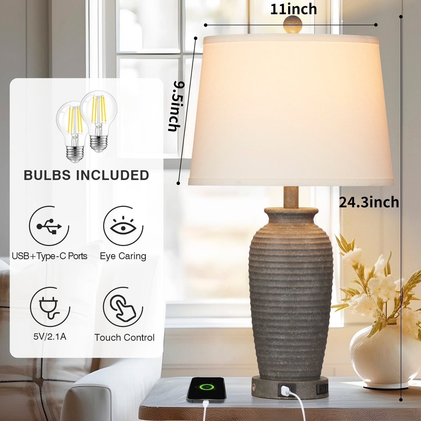 Grey Resin Table Lamps with 3-way Touch Dimming Switch USB Charging Port and AC Outlet (Set of 2)