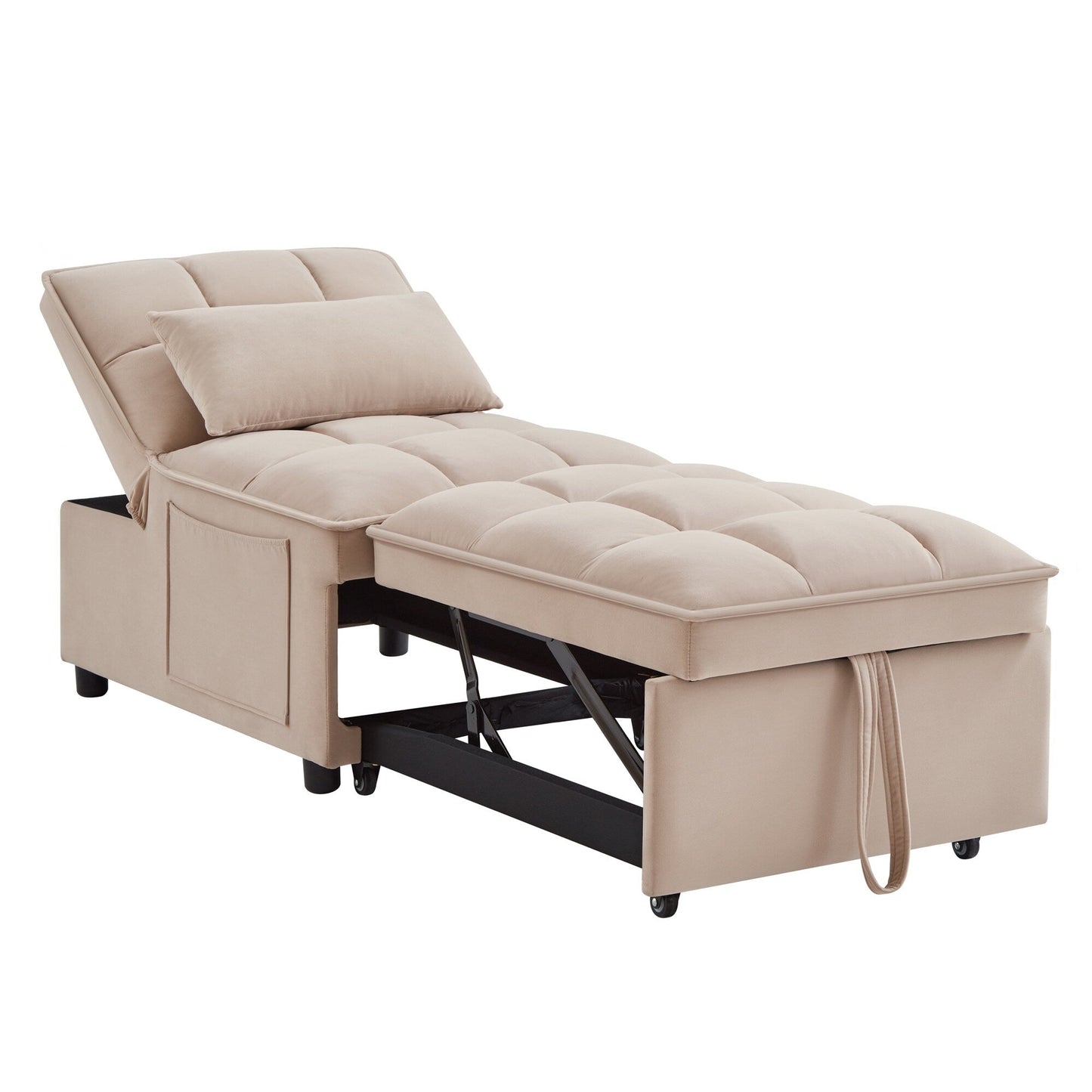 Taupe 68.5 Velvet Single Folding Sofa Bed with Adjustable Backrest and Pillows for Living Room