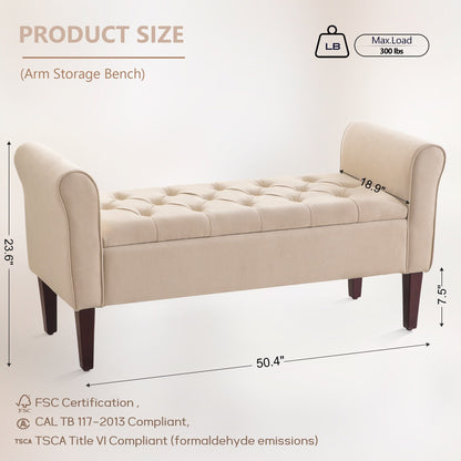 Upholstered Storage Bench Arm Bench Entryway Bench with Tufted Flip Top 50.4 Inches