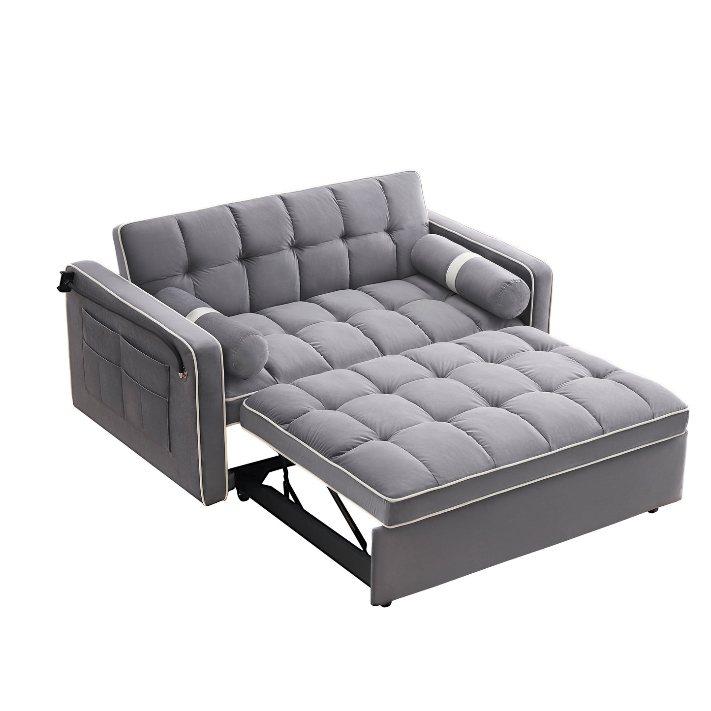 Velvet Convertible 55'' 2-Seater Sleeper Sofa with Pull-Out Bed, Adjustable Recline, Side Pockets, and Phone Holder