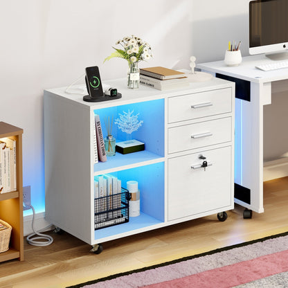 Wood File Cabinet with Charging Station Mobile Lateral Filing Cabinet Lockable Fits A4 Letter Legal Size Files