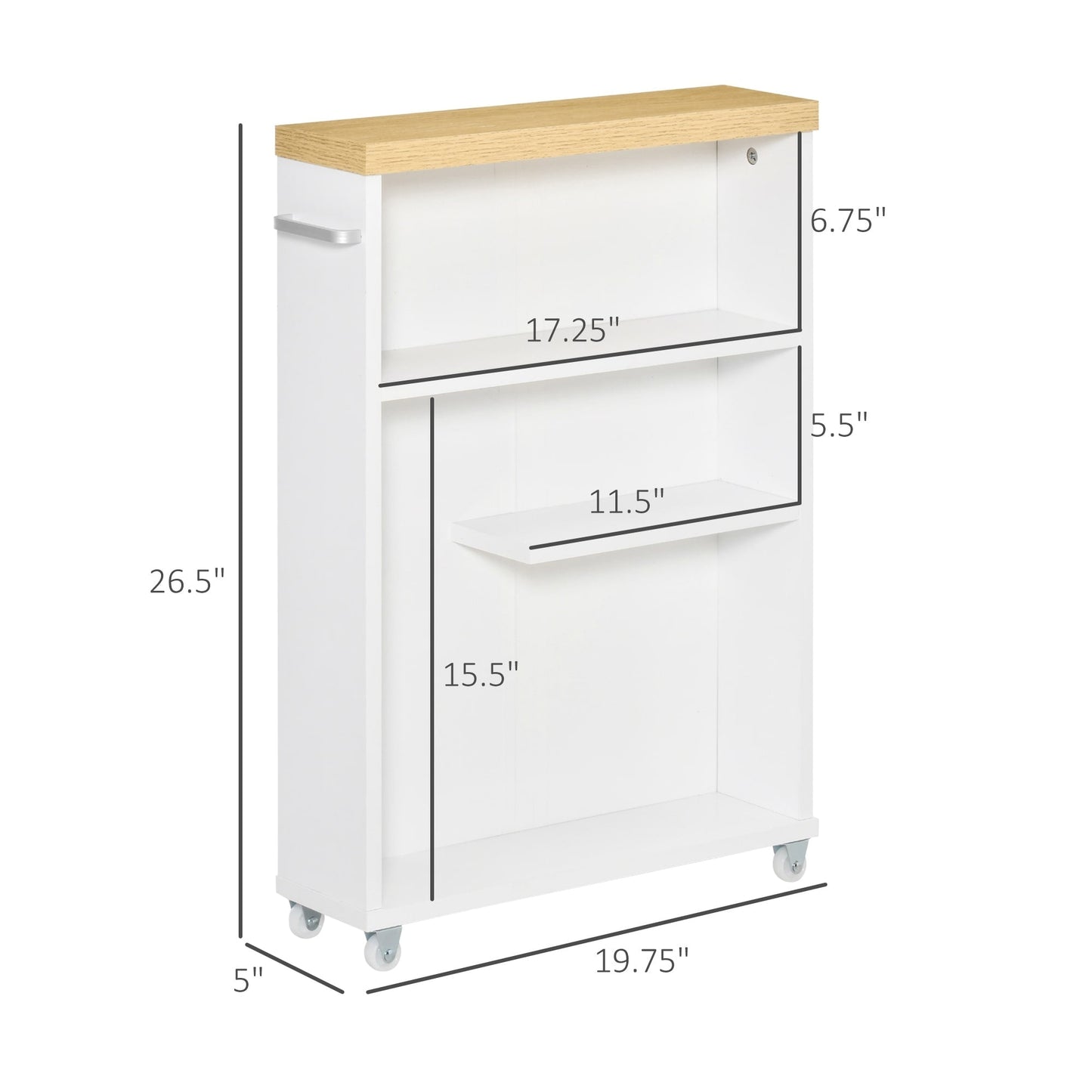 kleankin Slim Bathroom Cabinet with Castor Wheels Storage Organizer and Wood Shelves to Fit in Small Spaces, White